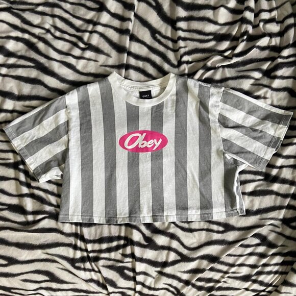 OBEY (Size S) White & Grey Striped Cropped Top - Picture 2 of 7